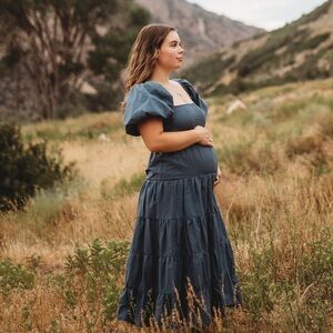 Altar'd State blue puff sleeve, smocked, tiered midi dress